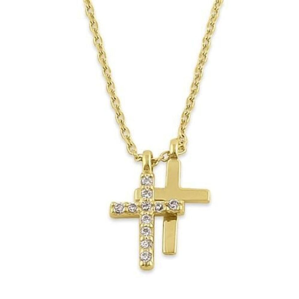 Solid 14K Gold Layered Cross Diamond 18”Necklace New