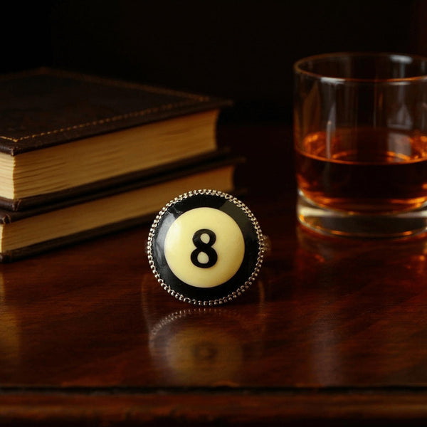 Unique Billiard Ball # 8 Statement Ring Silver Adjustable