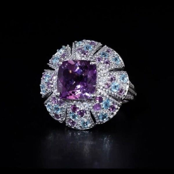 Amethyst Moissanite Multi Gemstone 5.85 ctw Floral Ring Sterling Silver Size 7