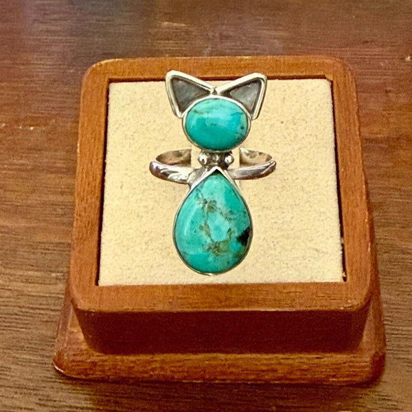 Southwest Kingman Turquoise Cat Ring Artisan Handmade Sterling Silver Adjustable