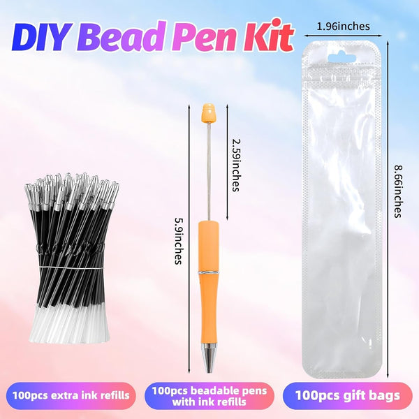 300 Pieces DIY Beadable Pen Kit – 100 Plastic Ballpoint Pens with Refills & Bags