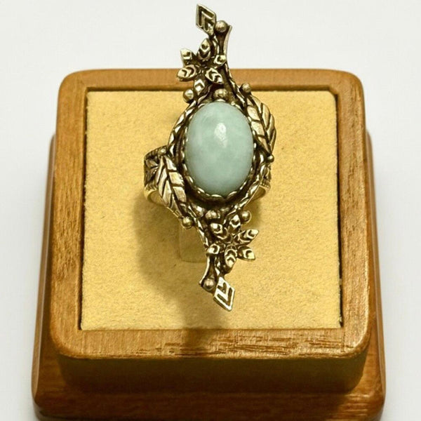 Vintage Style Larimar Sterling Silver Statement Ring m Filigree Leaf Design Sz 7
