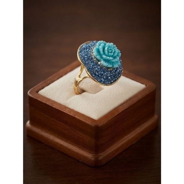 Floral Statement Ring Artisan Blue Carved Flower Cocktail Ring with Pave Crystal