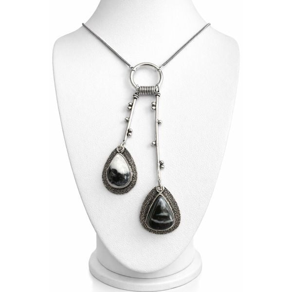Silver Dual Pendant Necklace White Buffalo Turquoise Artisan