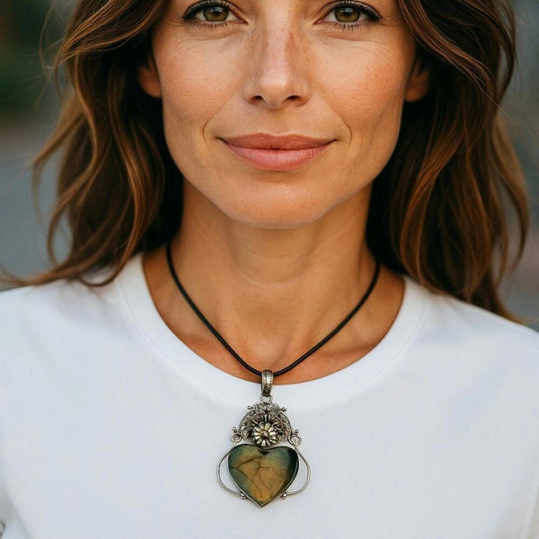 Stunning Heart Labradorite Pendant Statement Necklace Unique Peacock Framed