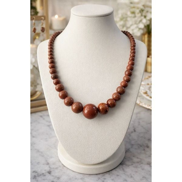 Goldstone Beaded Necklace  Sparkling Brown Gemstone Statement Jewelry Gift