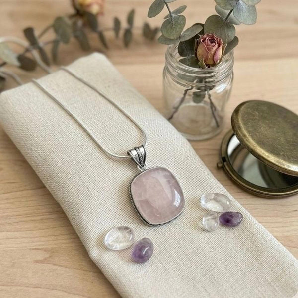 Natural Rose Quartz Pendant Necklace Silver Filigree Setting Gemstone Jewelry
