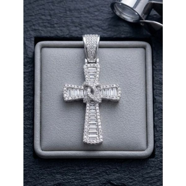 Luxurious 1.34CT Moissanite Baguette Cross Necklace Pendant 925 Sterling Silver