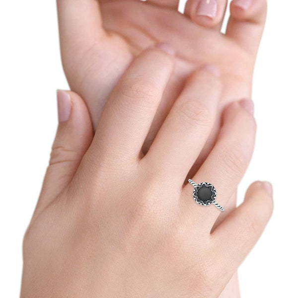 Round Black Onyx Floral Twisted Rope Oxidized Ring