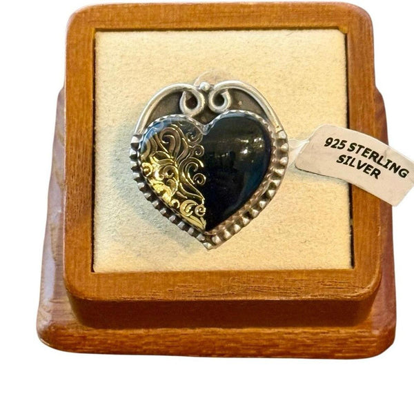 Southwestern Onyx Heart Ring Adjustable Boho Sterling Style