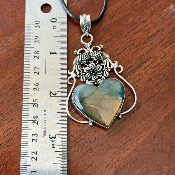 Stunning Heart Labradorite Pendant Statement Necklace Unique Peacock Framed