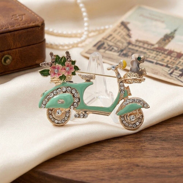 Charming Mint Green Vespa Scooter Brooch - Crystal & Enamel Dog Flowers Pin