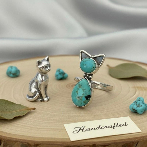 Southwest Kingman Turquoise Cat Ring Artisan Handmade Sterling Silver Adjustable