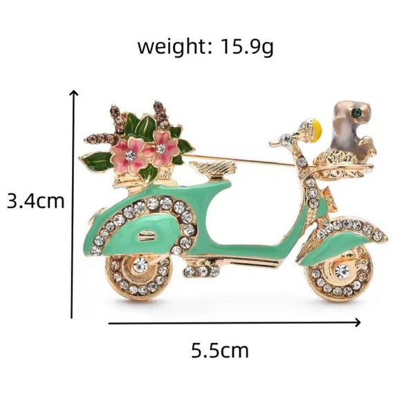 Charming Mint Green Vespa Scooter Brooch - Crystal & Enamel Dog Flowers Pin