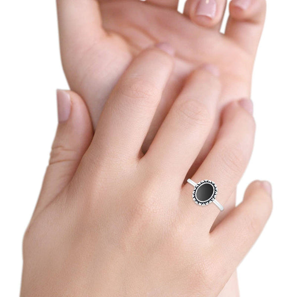 Oval Black Onyx Heart Solitaire Oxidized Ring
