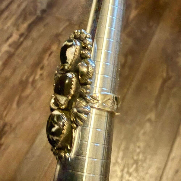 White Buffalo Turquoise Ring Sterling Silver 925 Triple Stone Moon Flower Size 6