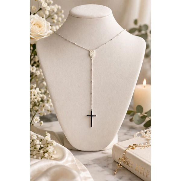 Sterling Silver Rosary Necklace Lariat Style Miraculous Medal & Cross Pendant