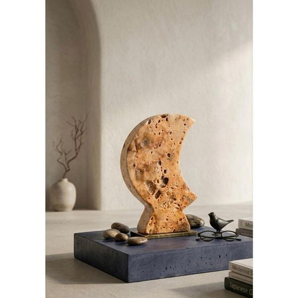 Vintage Natural Travertine Moon Sculpture Hand Carved Stone Crescent Modern Deco