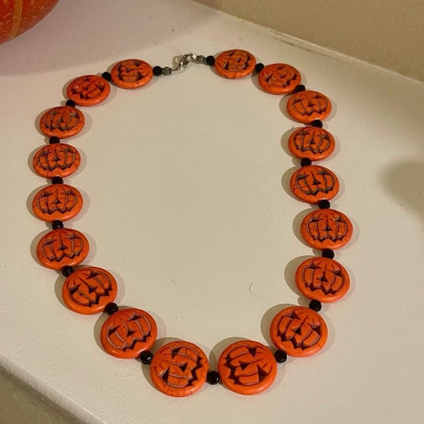 Trendy Orange Dyed Jack O Lantern Stone Beaded Necklace