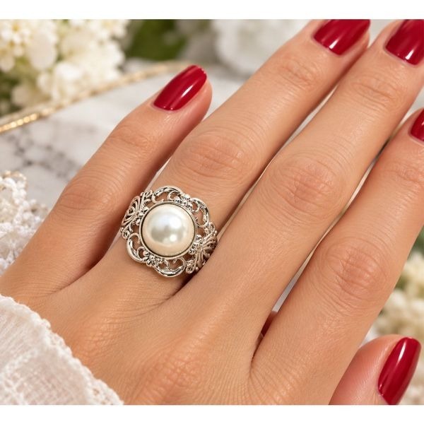 Vintage Style Pearl Statement Ring Sterling Silver Floral Filigree Cocktail Ring