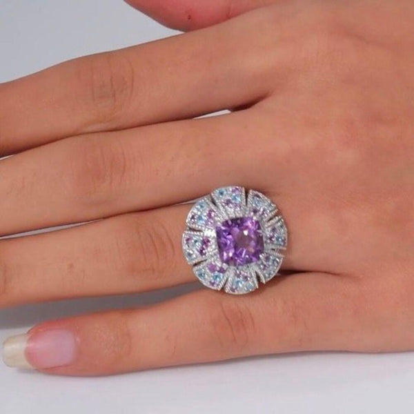 Amethyst Moissanite Multi Gemstone 5.85 ctw Floral Ring Sterling Silver Size 7