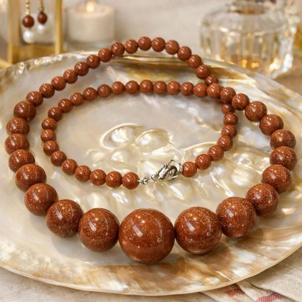 Goldstone Beaded Necklace • Sparkling Brown Gemstone Statement Jewelry Gift