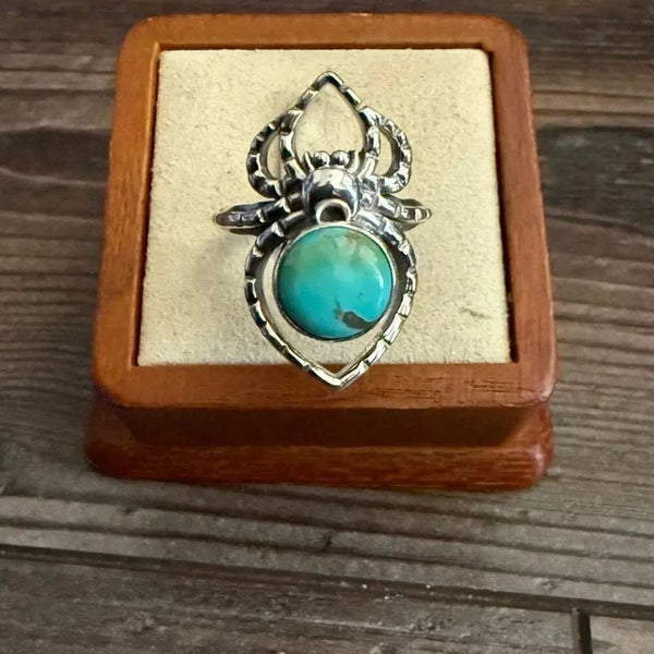 Round Turquoise Spider Boho Ring Sterling Silver Southwestern Sz 6