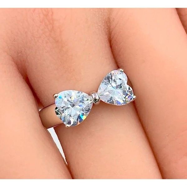 Sterling Silver Bow Heart Ring Clear CZ Stones Sparkling Double Heart Design