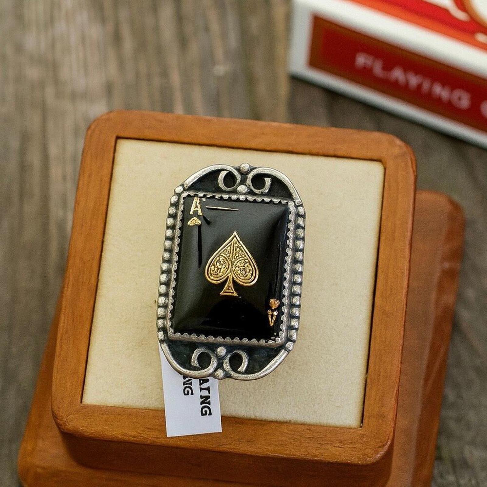 Ace of Spades Statement Ring Black Onyx & Silver Scrollwork, Playing Card Design