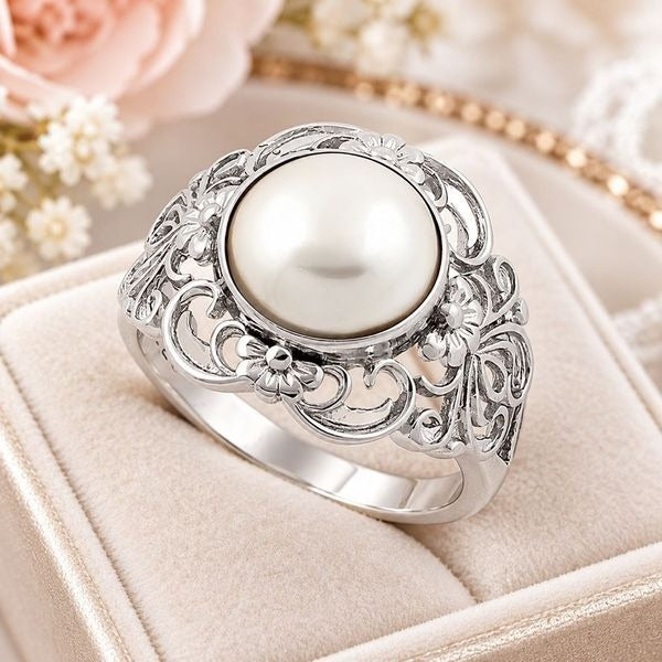 Vintage Style Pearl Statement Ring Sterling Silver Floral Filigree Cocktail Ring