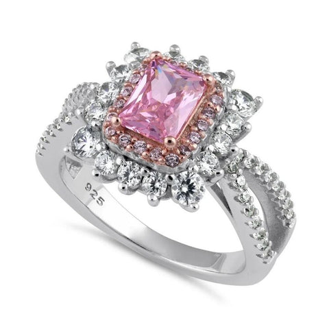 New Sterling Silver Royal Pink Halo CZ Ring Size 6