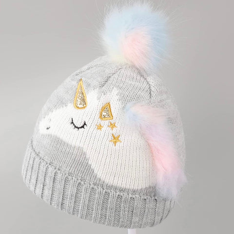 Toddler Kids Cute Winter Knit Unicorn Rainbow Pompom Beanie Hat