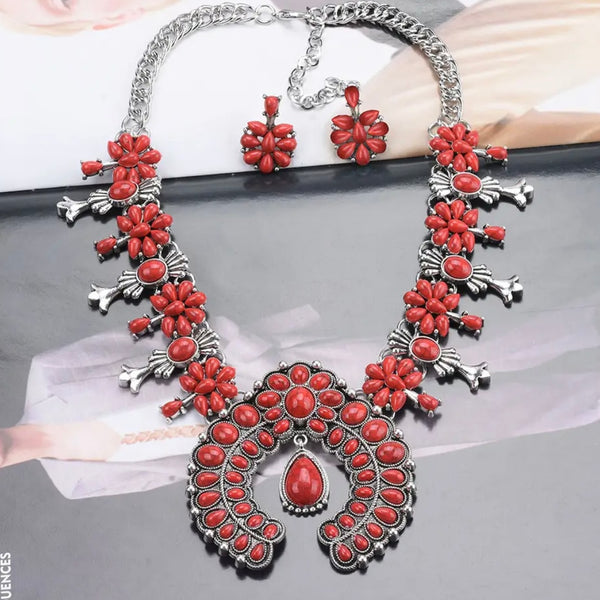 New Ladies Western Navajo Turquoise Or Howlite  Stone Statement Necklace and Earring Set