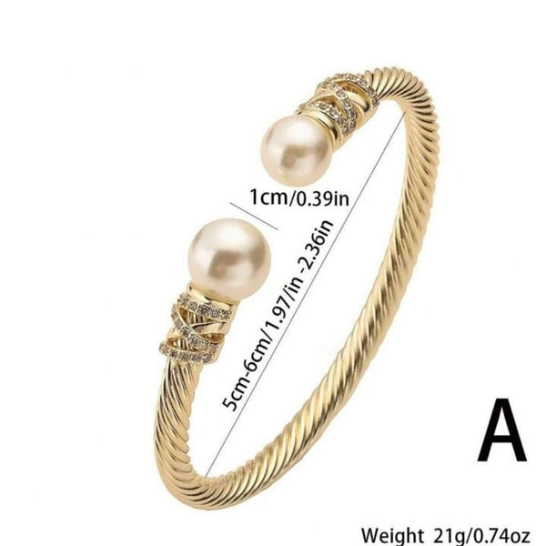 Gold Twisted Crystal Rhinestone & Pearl Cable Cuff Bracelet