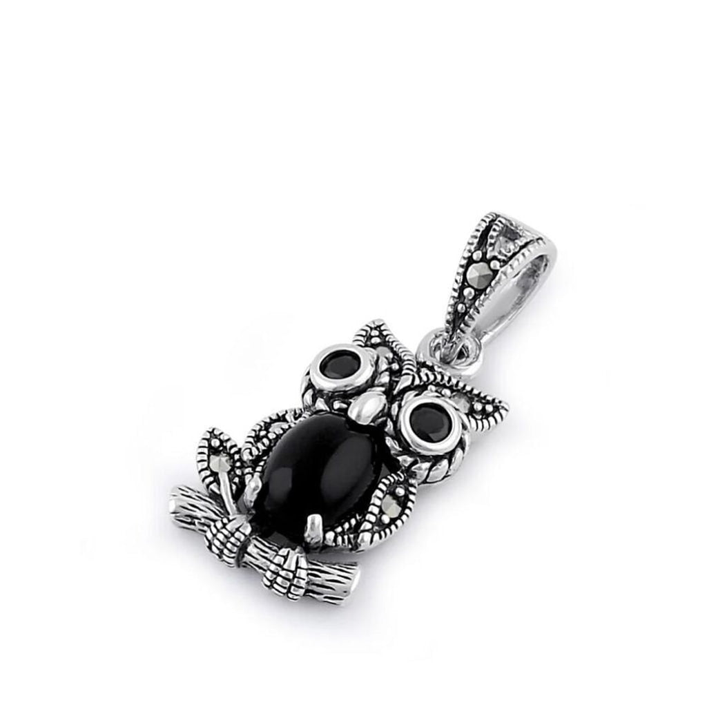 Sterling Silver Onyx and Dark Garnet Owl Marcasite Pendant