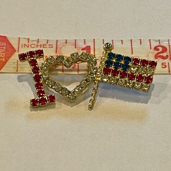Vintage Patriotic Crystal Brooch I Love USA Rhinestone Pin