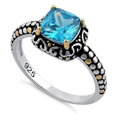 Sterling Silver Celtic Blue Topaz Cushion CZ Ring Brand New