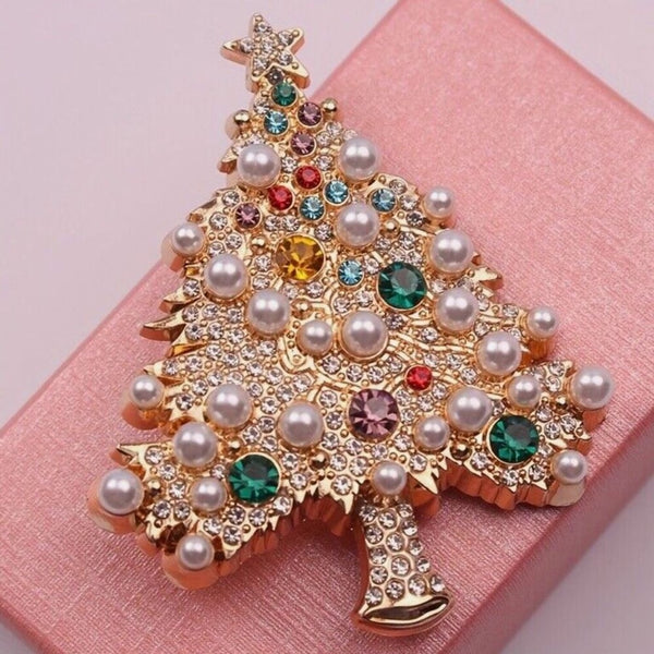 Luxury Pearl Crystal Christmas Tree Gold Brooch