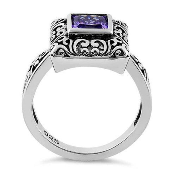 Sterling Silver Ornate Square Cut Amethyst CZ Ring Size 6