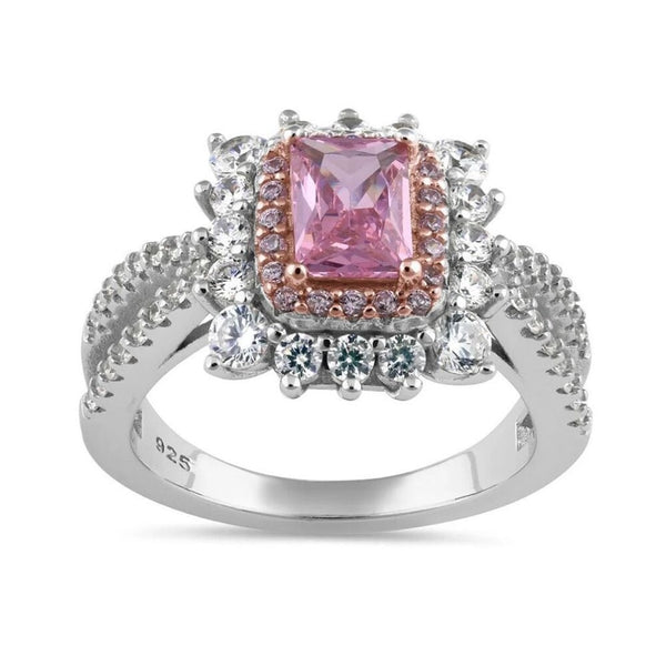 New Sterling Silver Royal Pink Halo CZ Ring Size 6