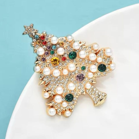 Luxury Pearl Crystal Christmas Tree Gold Brooch