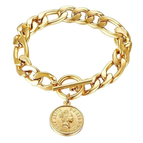 Cuban Link Chain Coin Bracelet Womens Gold Vintage Inspired