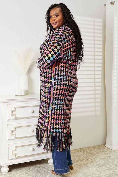 Double Take Full Size Multicolored Open Front Fringe Hem Western Boho Cardigan