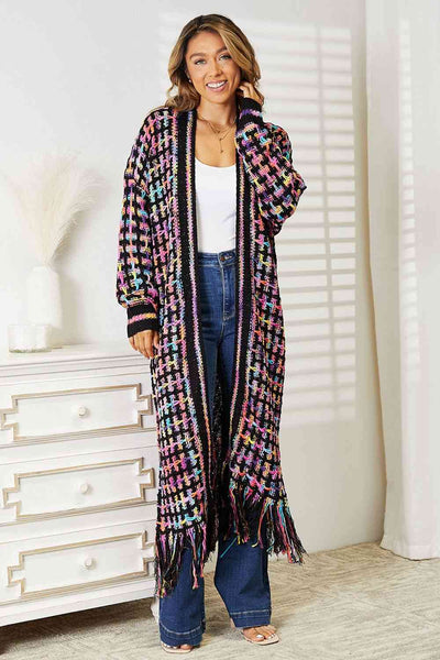 Double Take Full Size Multicolored Open Front Fringe Hem Western Boho Cardigan