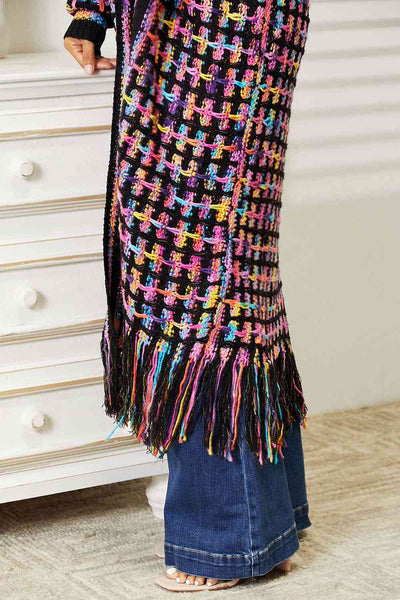 Double Take Full Size Multicolored Open Front Fringe Hem Western Boho Cardigan