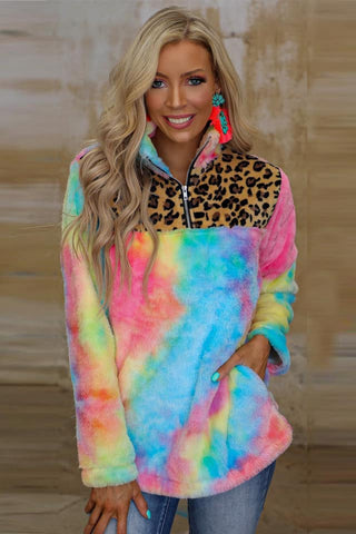 Tie Dye Leopard Color Block Pullover