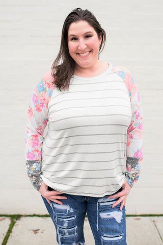 Stripe Print Plus Size Floral Long Sleeve Top