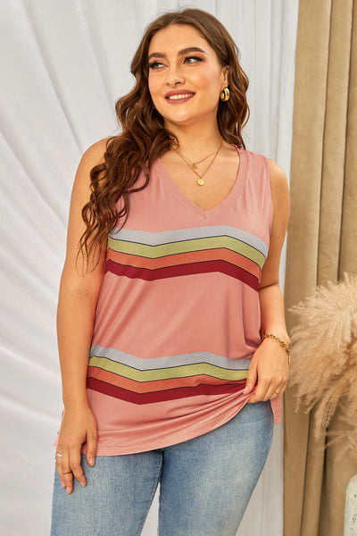 Striped Colorblock V Neck Plus Size Tank