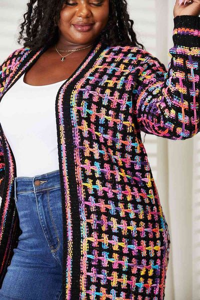 Double Take Full Size Multicolored Open Front Fringe Hem Western Boho Cardigan