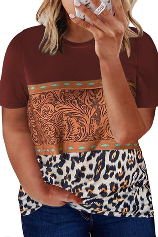 Marble Print Buckstitch Splicing Color Block Plus Size T-shirt